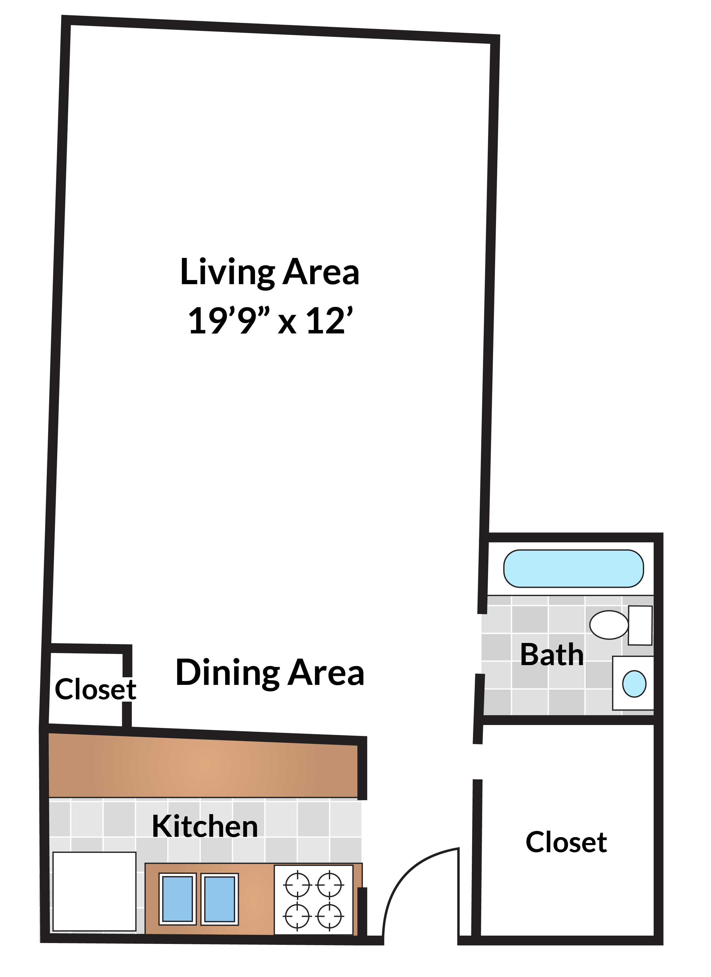 Floor plan for studio, 1 bath, 478 sqft